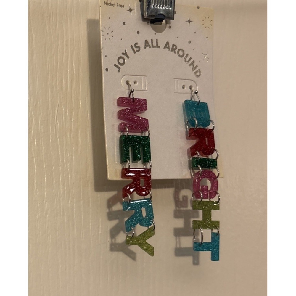 Joy Is All Around Dangle Merry Bright Earrings Multicolor Glitter Acrylic - NEW